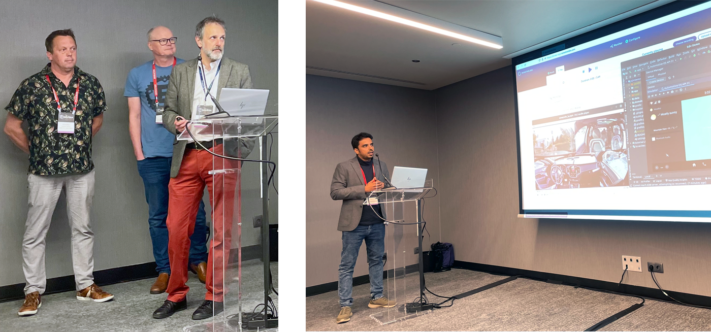 Volvo Cars software developers Kristoffer Nilsson and Peter Winzell together with RemotiveLabs Emil Dautovic. Renjith Rajagopal, Volvo Cars, demoed the solution live at the recent COVESA All Members Meeting.